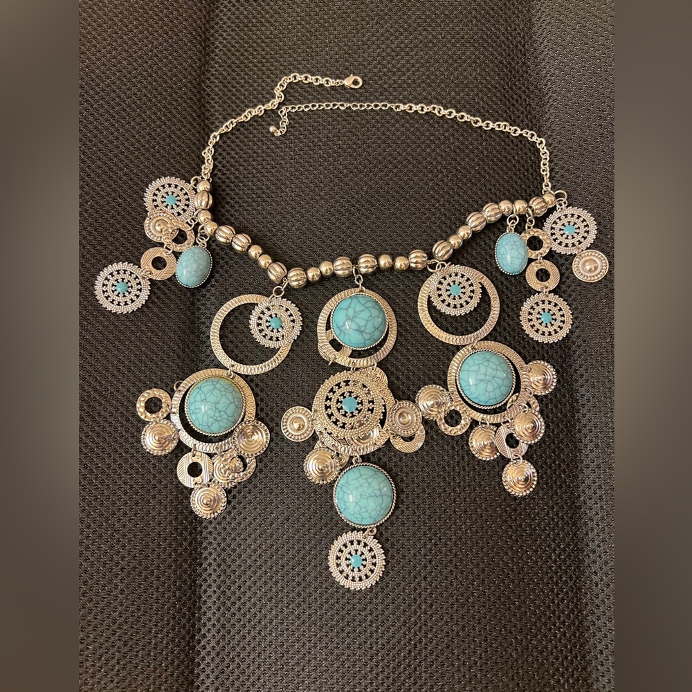 Silver And Turquoise Dangle Bib Statement Necklace - image 5